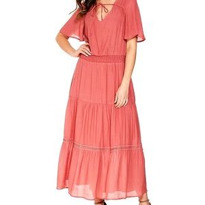 Womens Luxology Short Sleeve Tie Neck Gauze Tiered Maxi Dress - Navy